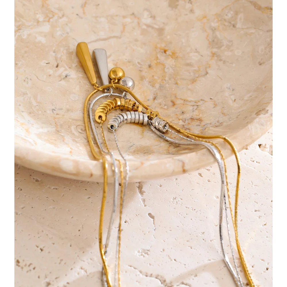 Yhpup Stainless Steel Double Layer Beads Water Drop Pendant Necklace