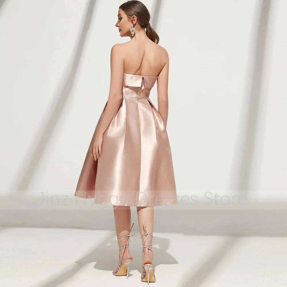 Satin Party Dress for Wedding Champagne A Line Strapless Midi Cocktail Dresses for Women Tea Length Sleeveless Short Prom Gowns