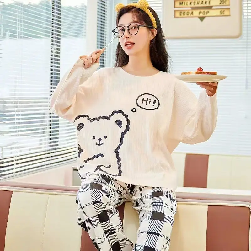 SUO&CHAO 2023 New Pajamas Set For Womens Sleep Wear Lobg Sleeve Rund Neck Tops Long Pants Loose Casual Print Pyjamas Homewear
