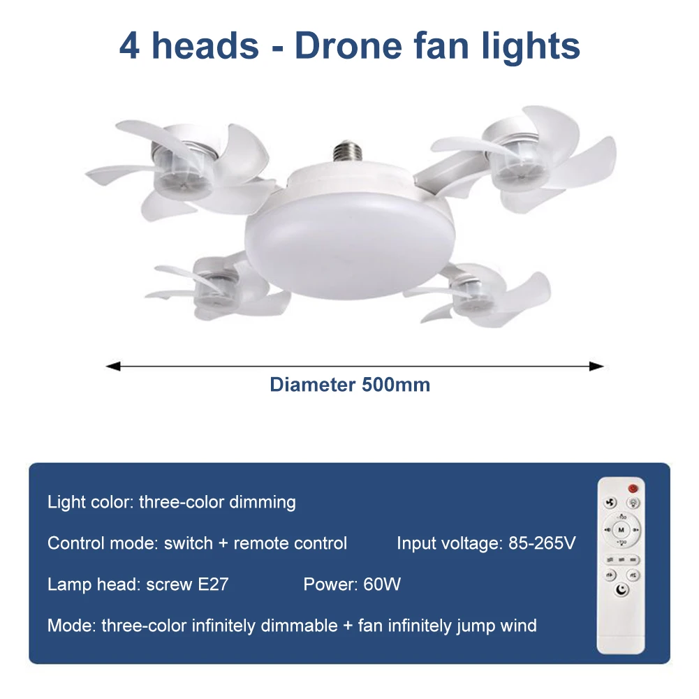 E26/E27 LED Drone Fan with Light Remote Control Ceiling Fan Lamp 50/60W Dimming Electric Light for Bedroom Living Room Decor