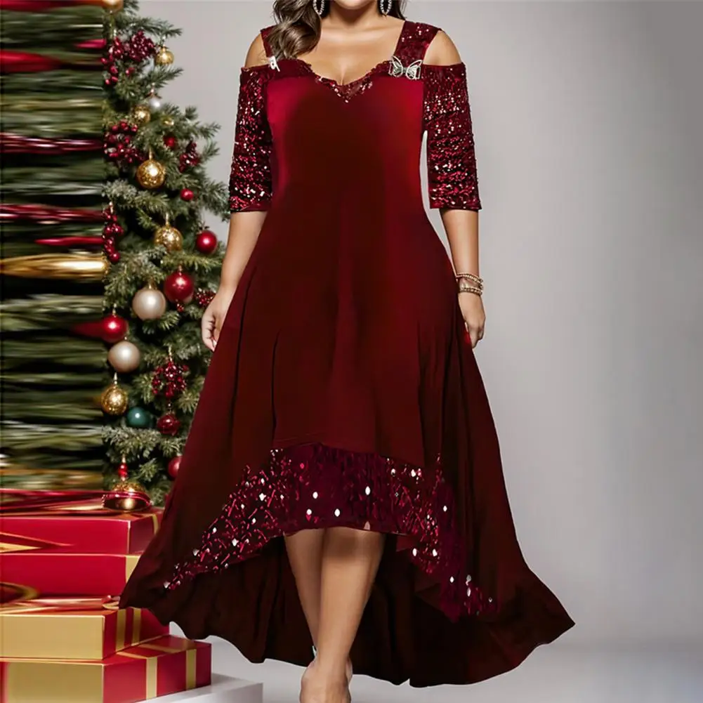 

Sequined Sleeves Dress Elegant Sequin V Neck Prom Party Dress with Off Shoulder Half Sleeves A-line Irregular Hem Plus for Lady