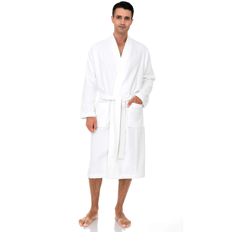 100% Cotton Men's Winter Bathrobe Solid Terry Homewear Pockets V Neck Neck Length Robe Kimono With Sashes For Male 2024