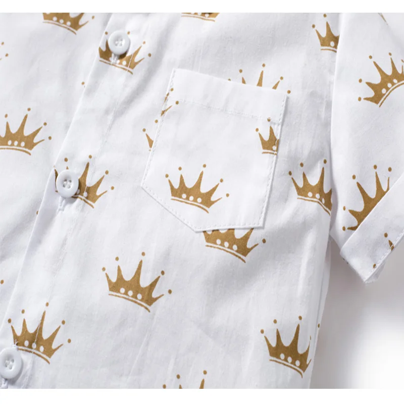 Summer Kids Boys Formal Outfit Suit Crown Printed Shirt with Bow Leather Belt Boy Birthday Party Clothes Set 1-6 Years kids clothes