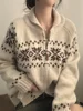 Chic Autumn Winter Retro Knitted Sweater Jaet Women's Loose Fit Long Sve Zipper Double Headed Floral Embroidery Sweet Sle