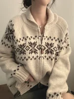 Chic Autumn Winter Retro Knitted Sweater Jaet Women's Loose Fit Long Sve Zipper Double Headed Floral Embroidery Sweet Sle