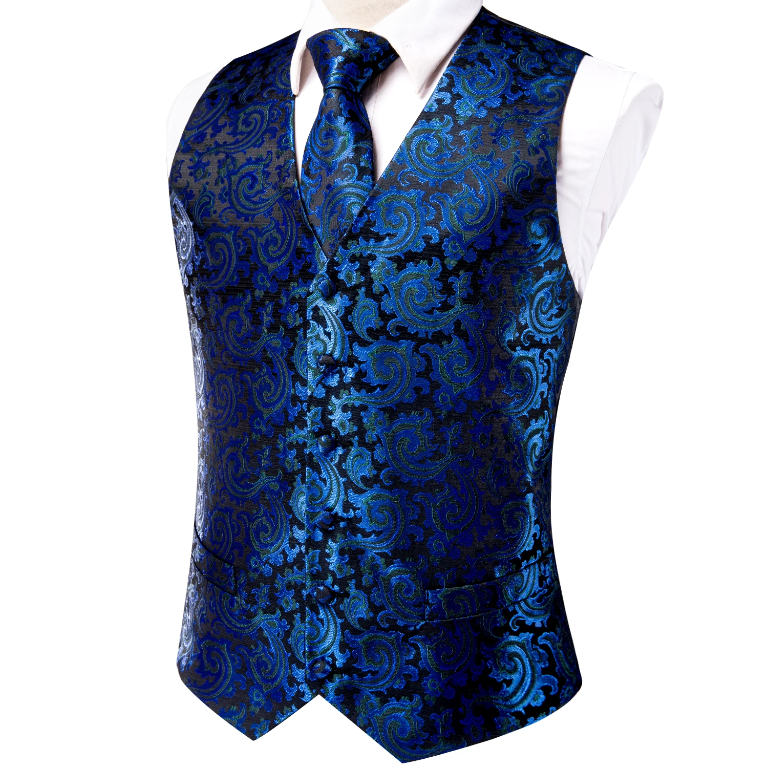 Hi-Tie Jacquard Silk Mens Waistcoat Tie Hanky Cufflinks Set Sleeveless Jacket Necktie Dress Vintage Vest Wedding Business Gift