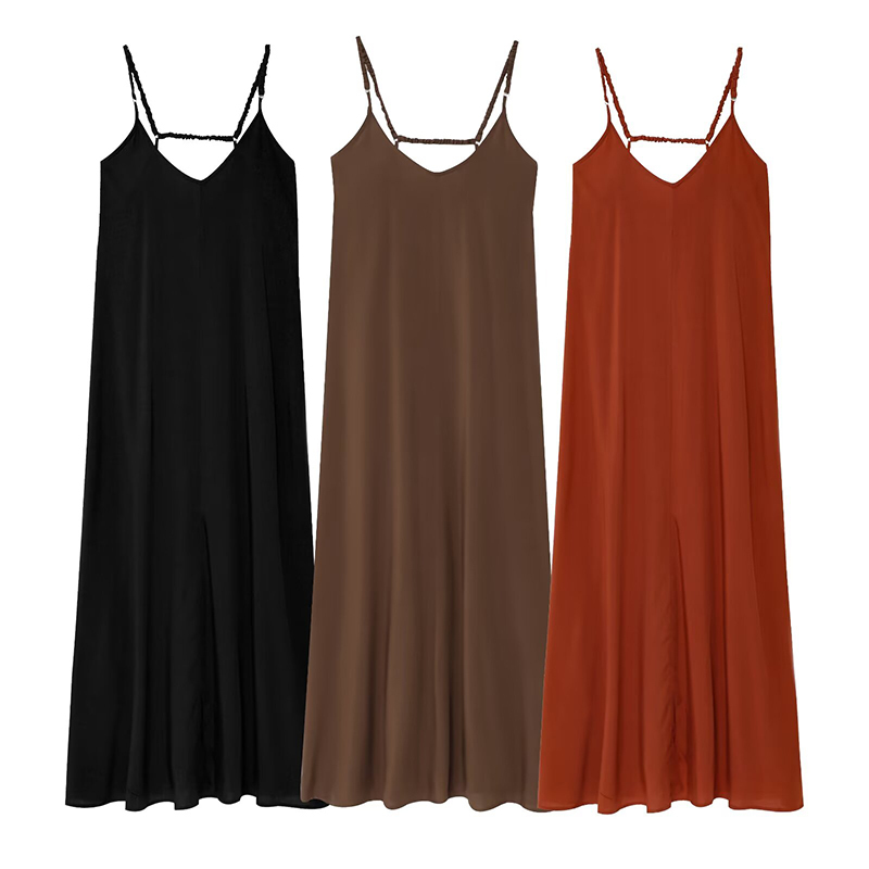 RAFZNB Women's Thin Straps Long Dresses Fashion V-Neck Sleeveless Dress Summer Sexy Off Shoulder Female Elegant Party Dresses