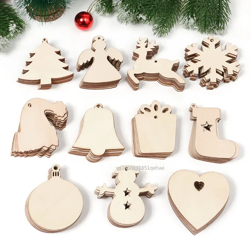 100-10PCS Christmas Wooden Ornaments Unfinished DIY Christmas Crafts for Xmas Tree Pendant Ornaments 2024 Navidad New Year Decor