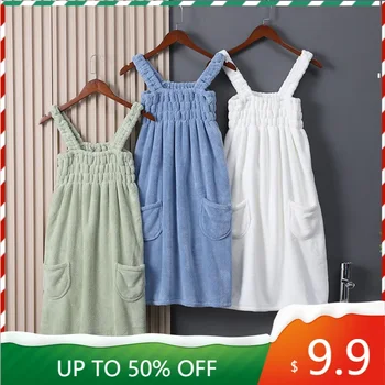 가정용 여성용 웨어러블 랩 목욕 수건, 성인 물 흡수 순면 드라이 헤어 스커트, 긴 스타일 욕실 세탁 가능한 목욕 가운 상품 이미지