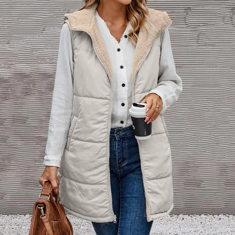 

Women 2023 Fall Reversible Vests Sleeveless Fleece Jacket Coat Zip Up Hoodie Solid Mid-length Waistcoat Warm Winter Outerwear