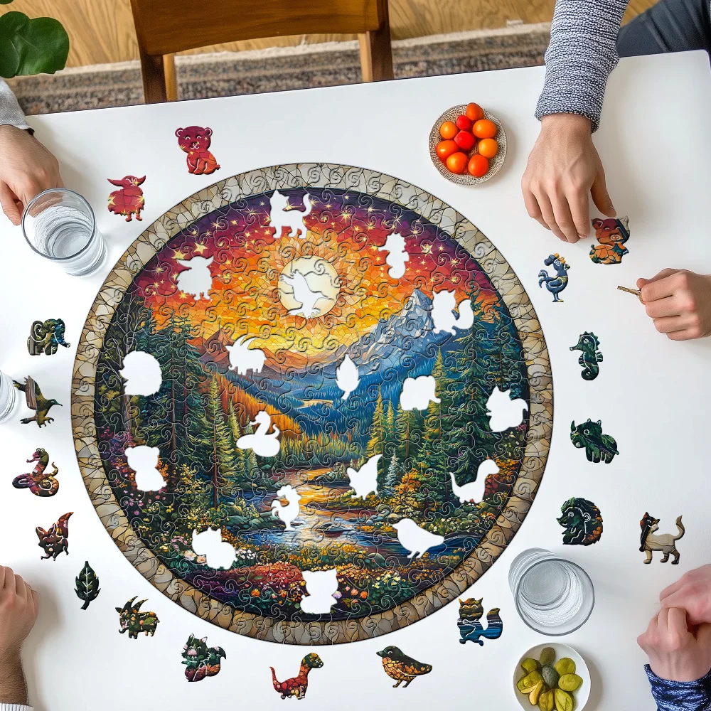 Wooden Puzzle for Adults-3D Sunset Forest Wooden Puzzle Unique Shape Advanced Animal Jigsaw for Adults and Kids,Best Gift