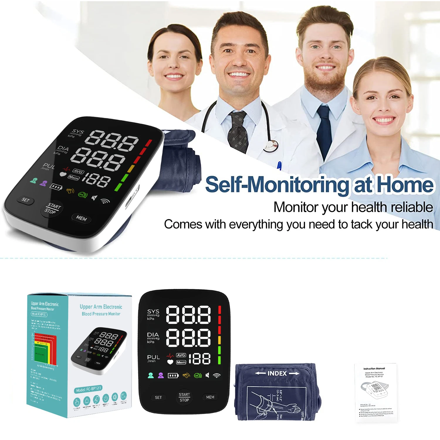 Kingclinic LED Backlit Screen Automatic Upper Arm BP Monitor Electronic Blood Pressure Machine 2X120 Groups Adjustable BP Cuff 6