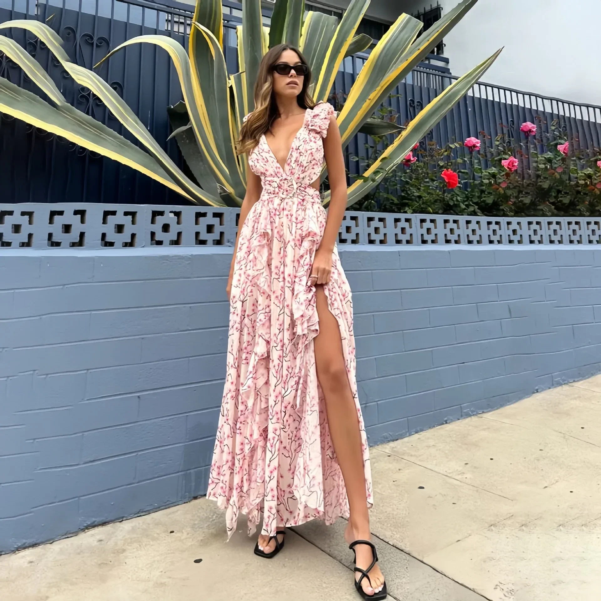 

Summer New Fashion Women Dress Deep V Neck Flower Print Backless Sleeveless Beach Holiday Female Vestidos