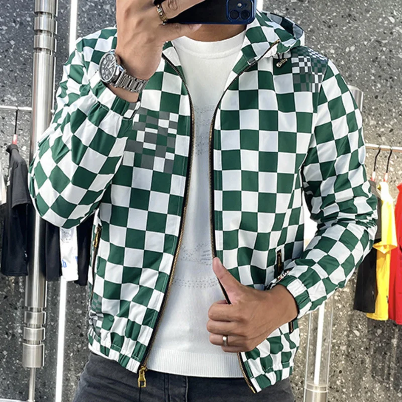Fall Vintage Plaid Color Contrast Bomber Jacket Men Casual