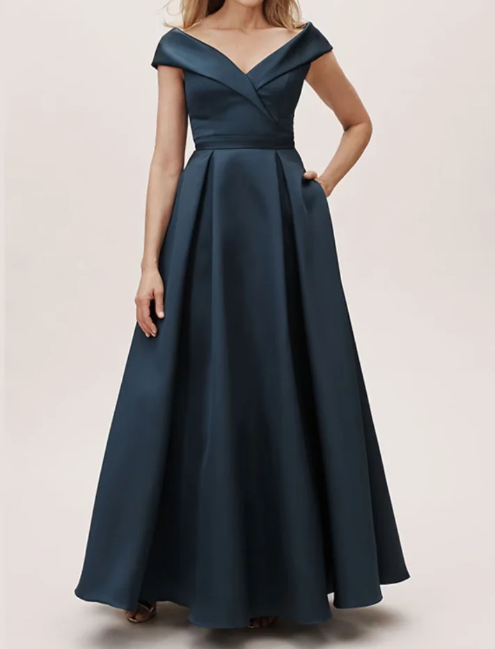 

Elegant Long Navy Blue Satin Mother of Bride Dresses With Pockets A-Line Floor Length Wedding Guest Formal Godmother Dress