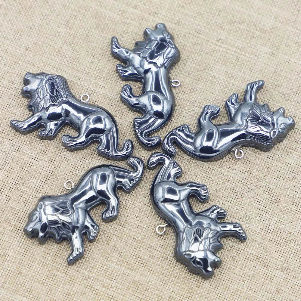 Nature Stone Hematite Carve Lion Pendant Hip Hop Punk Bead  Charms Metal Necklace DIY Making Jewelry Accessories Wholesale 12Pcs
