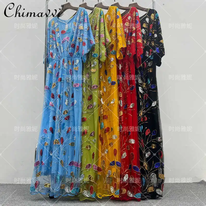 

Fashion Flower Slim Heavy Sequins Beaded Long Mesh Dress Summer New High-End V-neck High Waist Elegant Party Dress Women