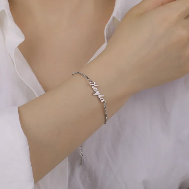 Bracelet avec nom personnalisé pour femmes et filles, boîte en acier inoxydable, chaîne avec lettres, Bracelets porte-bonheur personnalisés, Unique, cadeau de bijoux personnalisé