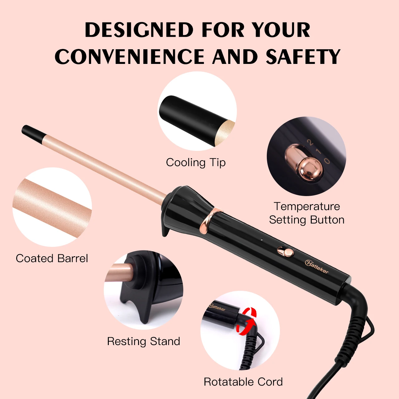 Hatteker 9mm Ultra-Fine Wool Curling Iron Constant Temperature Hair Protector Styler for Women Home Use Noodle Curler