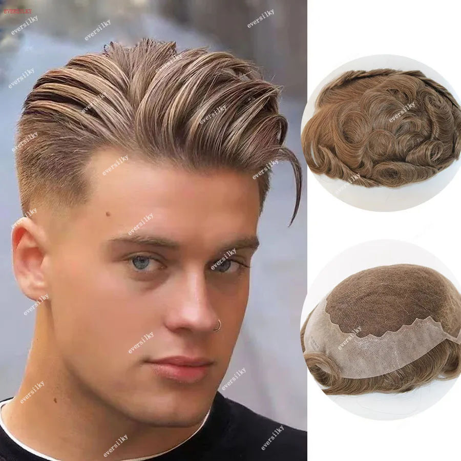 

Natural Hairline Q6 Super Durable Mens Toupee Brown Blonde Grey Black 100% Human Hair Wig Swiss Lace&Thin PU Capillary Prosthesi