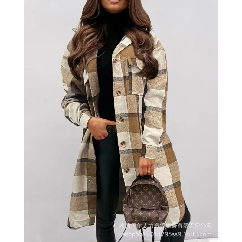 

New Women's Plaid Printing Loose Cardigan Large Coat Spring Autumn Trench Coat Women Long Sleeve Single-Breasted Trench Coat