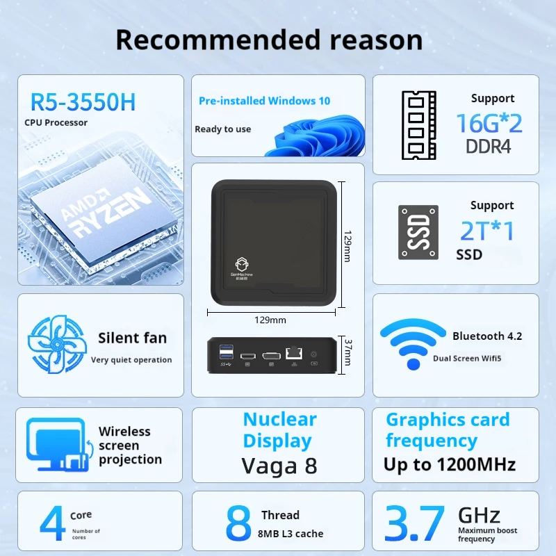 GenMachine-Mini PC Gamer Computer, CPU AMD Ryzen 5 3550H
