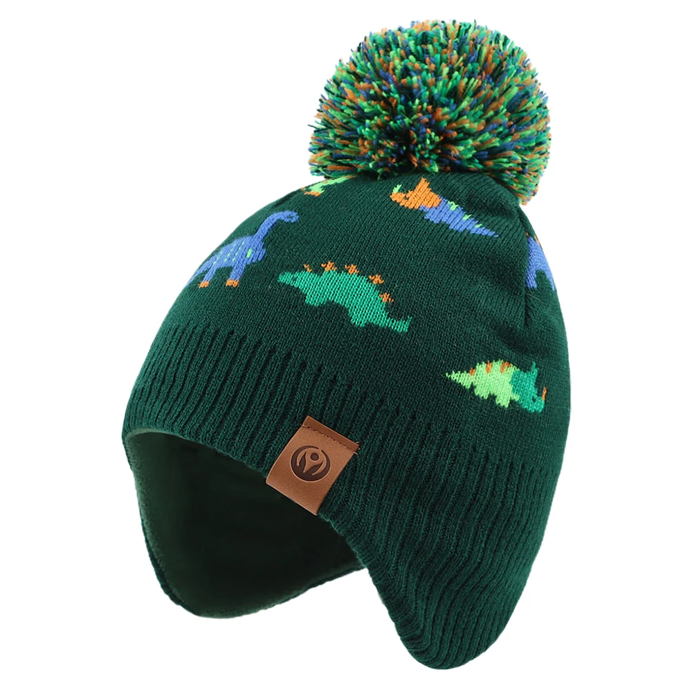 Baby Boys Earflap Hat Dino Beanie For Kids Autumn Winter Fashion Boys Girls Bonnet Hat Ourdoor Warm Knitted Children Beanie