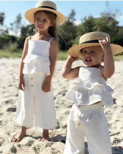 US Stock Summer Toddler Baby Girl Ruffle Sling Crop Tops Wide Leg Long Pants Headband Sweet Kids 3PCS Outfits Cotton Set 1-6Y