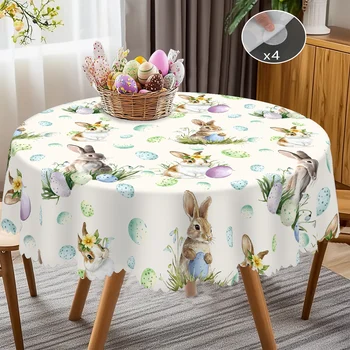 1 Tovaglia rotonda pasquale, 5 misure disponibili, Tovaglia con stampa di uova di coniglietto pasquale, Processo di goffratura dei bordi, Decorazione pasquale, Decorazione della tovaglia del giardino primaverile, Tovaglia per la cucina domestica quotidiana, Uso del terrazza 1