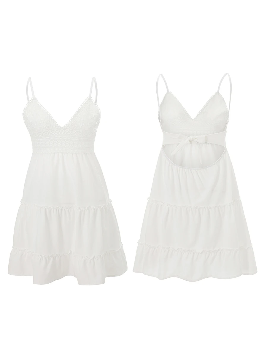 Boho Summer Spaghetti Strap Dress - Embroidered A-Line Backless Ruffled Sling Dress