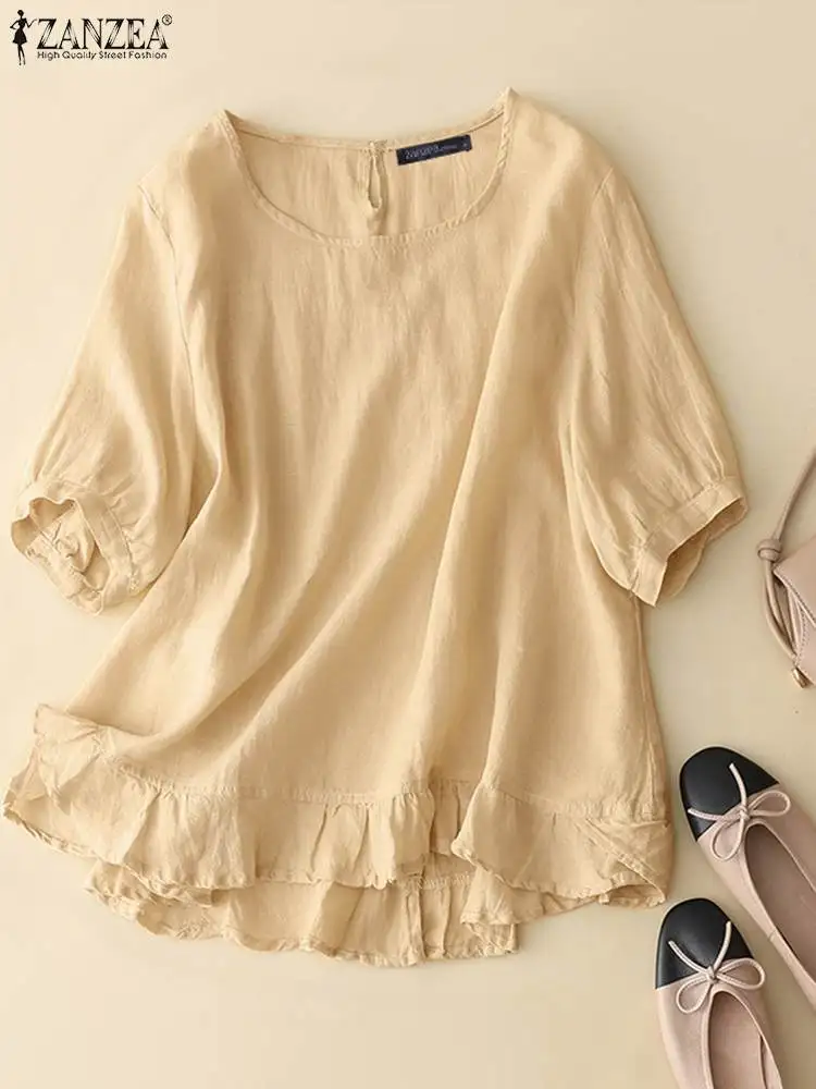 

ZANZEA Fashion Cotton Blouse Women Summer Tops O Neck Half Sleeve Shirt Causal Loose Ruffle Hem Blusas Holiday Tunic Mujer Femme