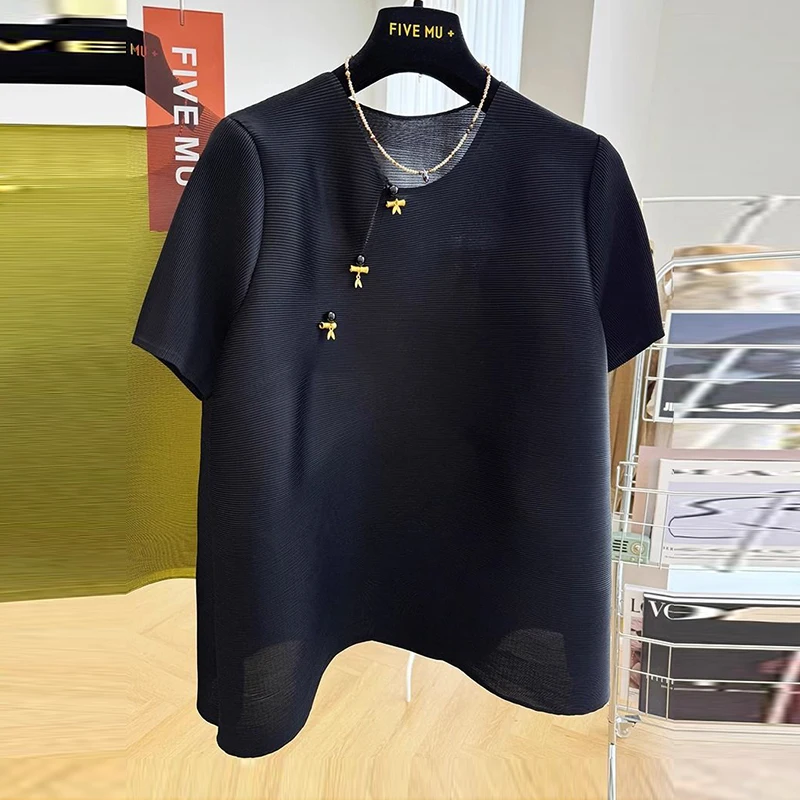 

Summer women's new Chinese style nail bead pleated round neck slimming fit pullover top T-shirt tops