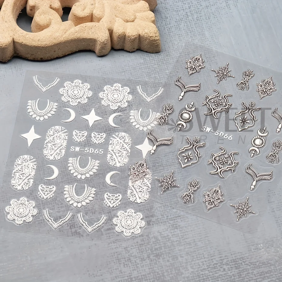 5D Fashion Totem Embossed Nail Stickers Black White Filigree Retro Self Adhesive Decals Lace Flowers Relief Manicure Folis Decor