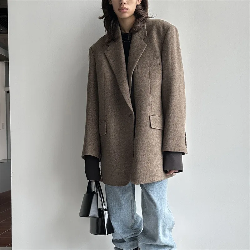 

LC@ Wool Suit for Women in Early Spring 2024, New Boyfriend Style, Loose Silhouette, Herringbone Pattern Suit Jacket, Korean