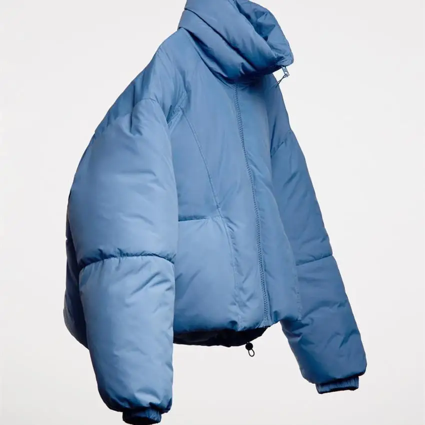 

2024 Autumn Winter New Women Blue Stand Up Collar Cotton Paker Oversized Zipped Overcaot baggey Jacket Coat Chic Warm Outerwear