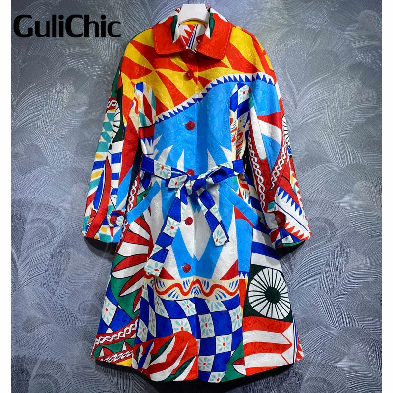 

10.20 GuliChic Autumn Fashion Colorful Geometric Spliced Print Lapel Collar Single Breasted Jacquard Trench Coat Women