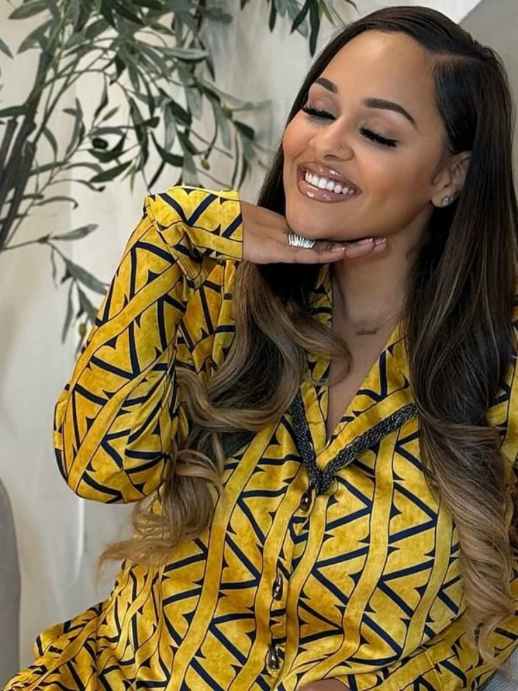 Wmstar Two Piece Set Women Wholesale Large Sized Casual Loose Long Sleeved Printed Shirt Wide Leg Trousers New Style Stylish