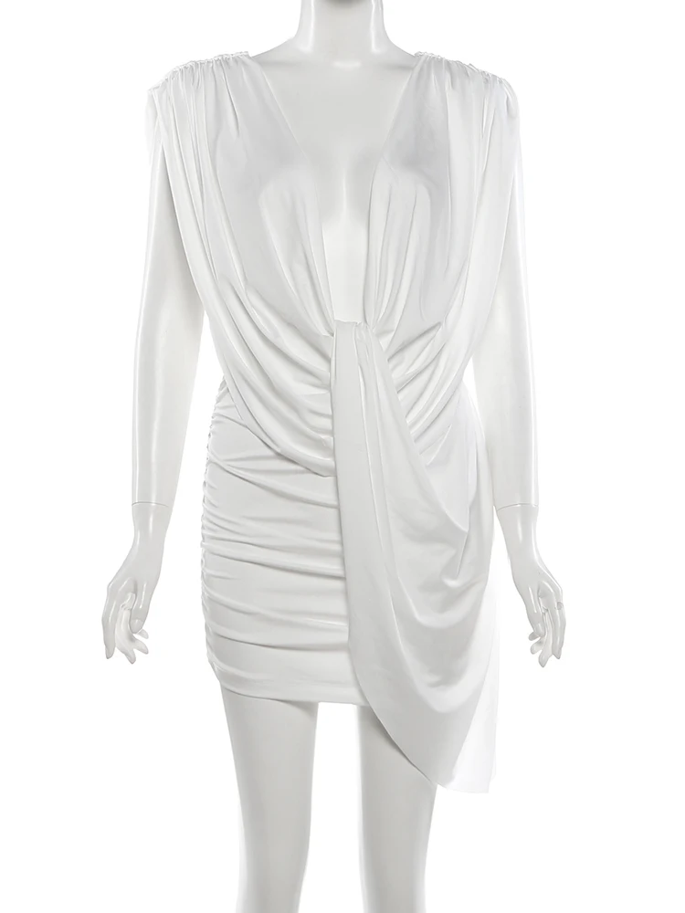 Nibber Deep V-Neck Mini Dress Woman Backless Sleeveless Skinny Peach Hip Sexy Fashion Midnight Club Party Ruched Elegant Bodycon