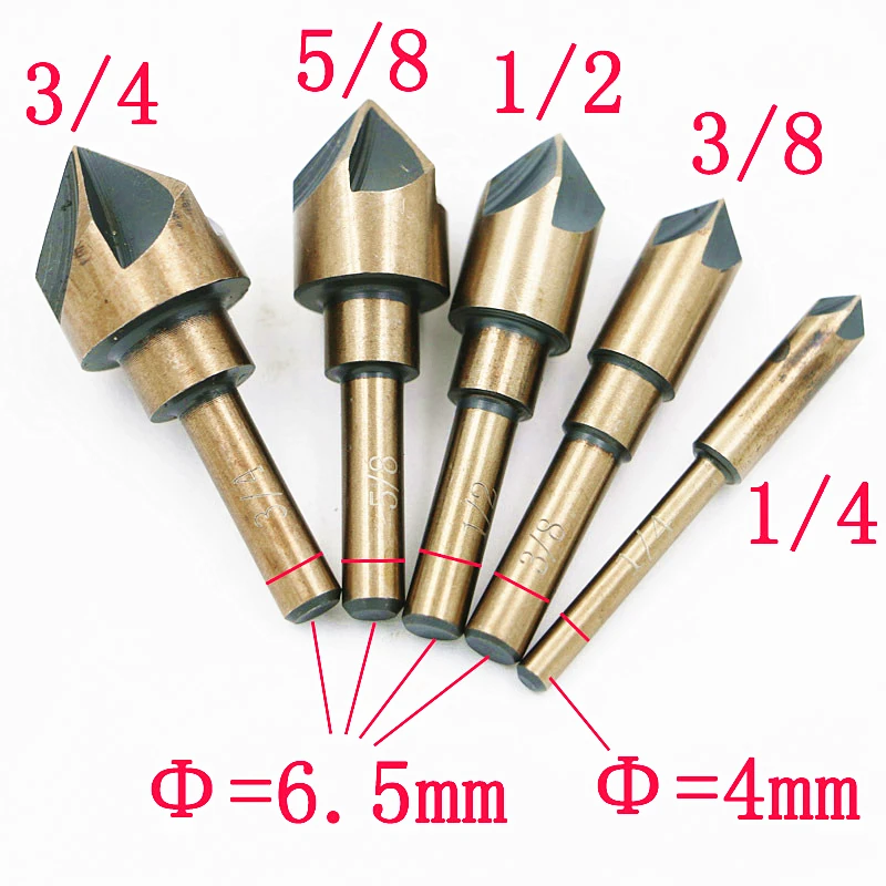 

5PCS Industrial Countersink Drill Bit Set Tri-Flat Shank Quick Change 1/4" 3/8" 1/2" 5/8" 3/4" 82 ° Five Blade Chamfering Knife