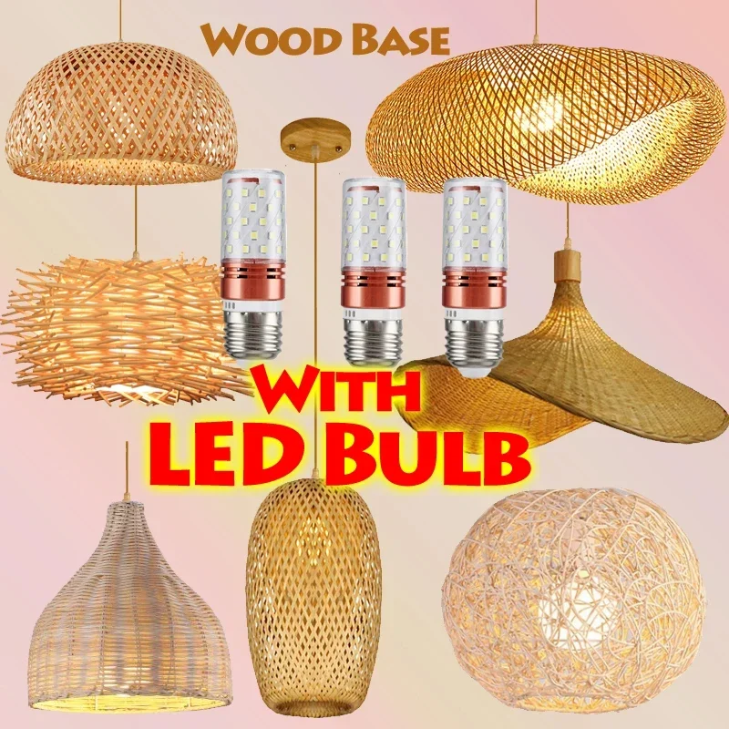 Con Lampadina A Led Rattan Vimini Bamboo Wood Lampada A Sospensione Soffitto Lustre Lampadario Hanglamp Hand Craft Home Living Bed Room Decor