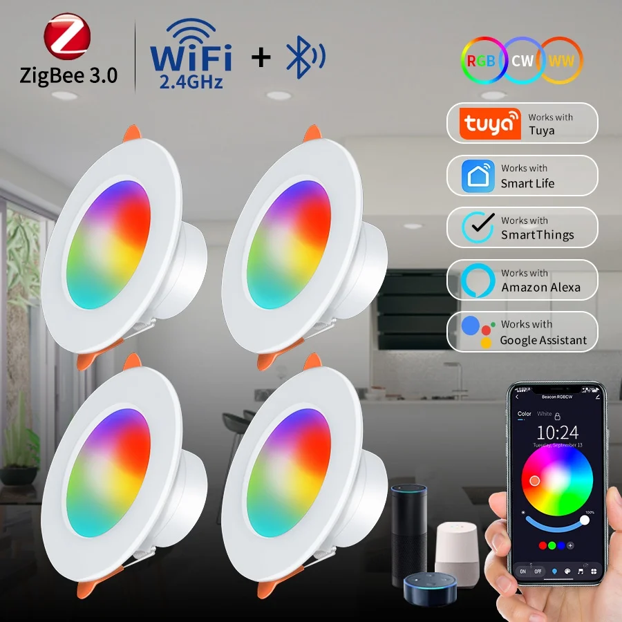 ZigBee 스마트 천장 조명, 투야 와이파이 블루투스 LED 다운라이트, RGB 밝기 조절, 오목한 스포트라이트, 음성 제어, 알렉사 구글 홈 15W 