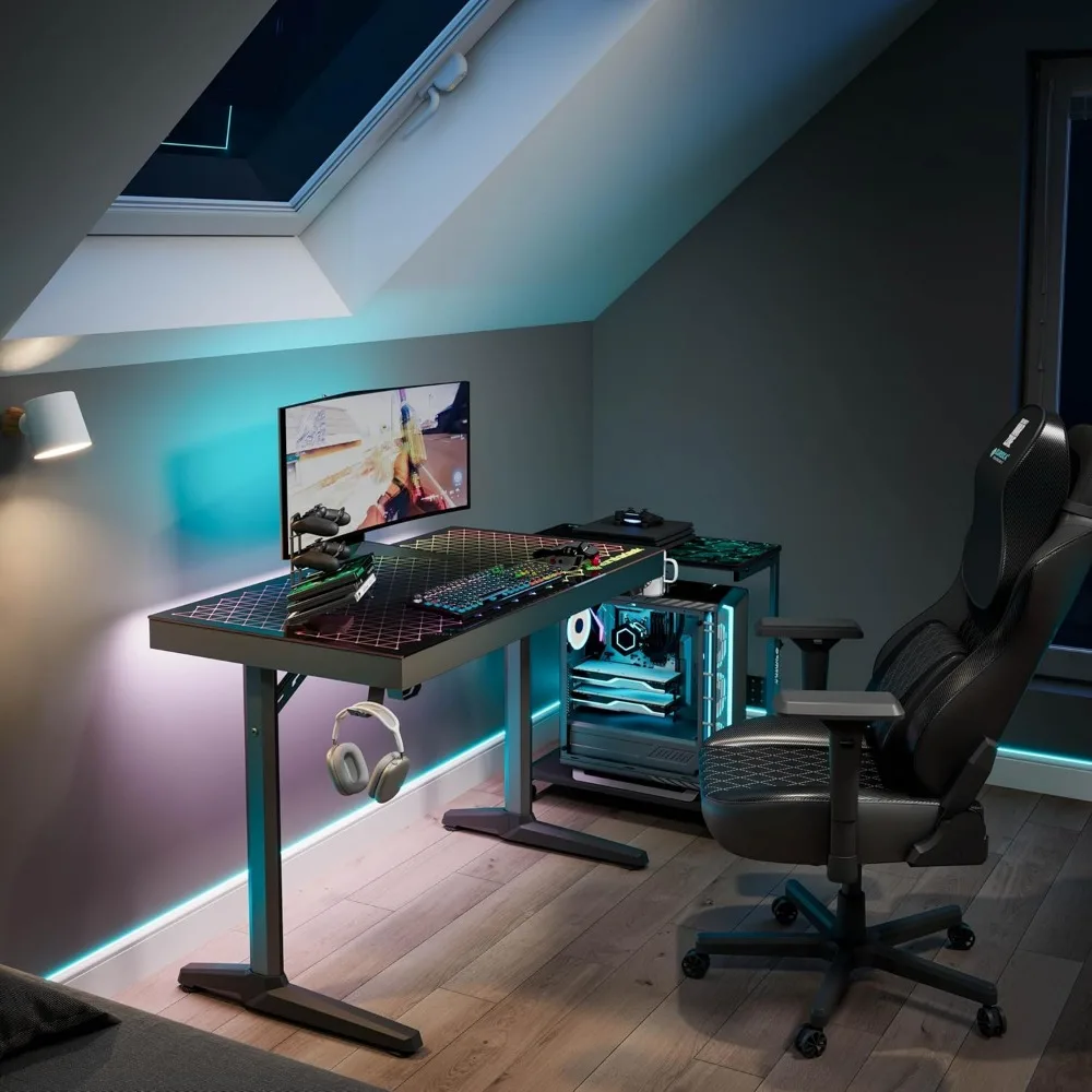 LED Gaming Desk, Music Sync Lights Up Tempered Glass Desktop, 43" Office Computer Table W Controller Rack 4 USB Charging Ports 5