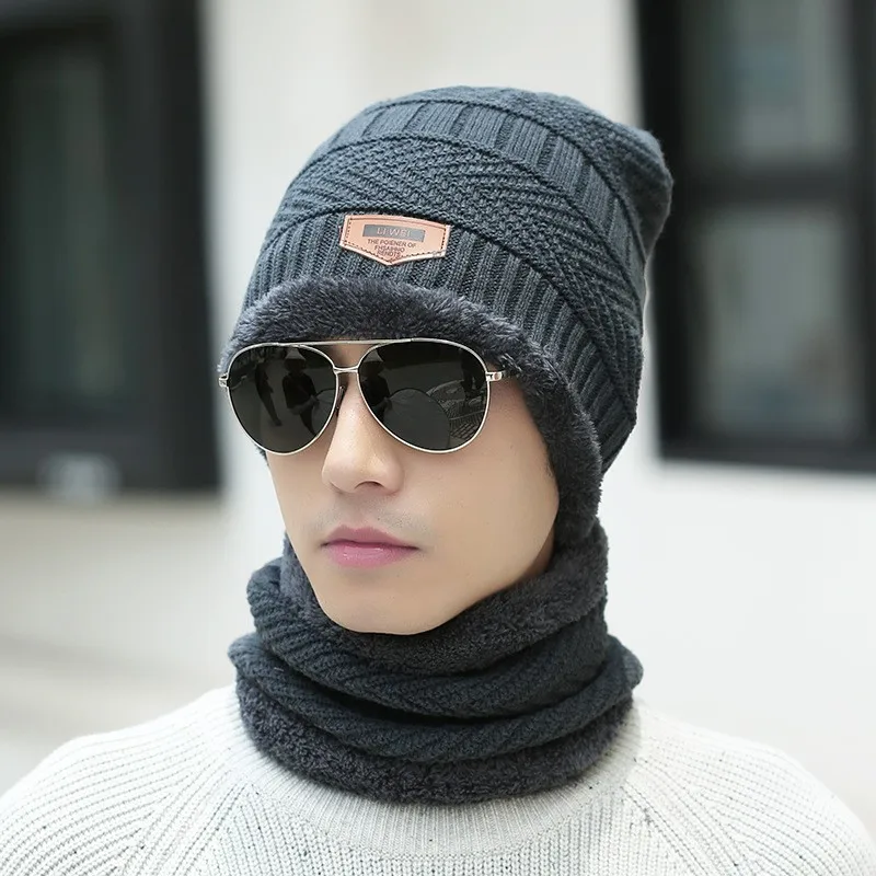 Winter hat men's warm and cold resistant with thick woolen hat cotton cycling knitted neck protection scarf two-piece se