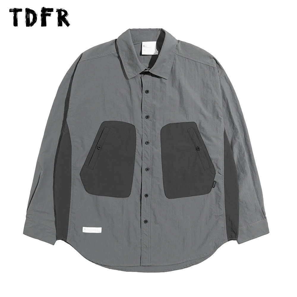 

Patchwork Pocket Cargo Shirts Mens Spring Autumn Safari Style Loose Lapel Curved Hem Long Sleeve Shirts Men