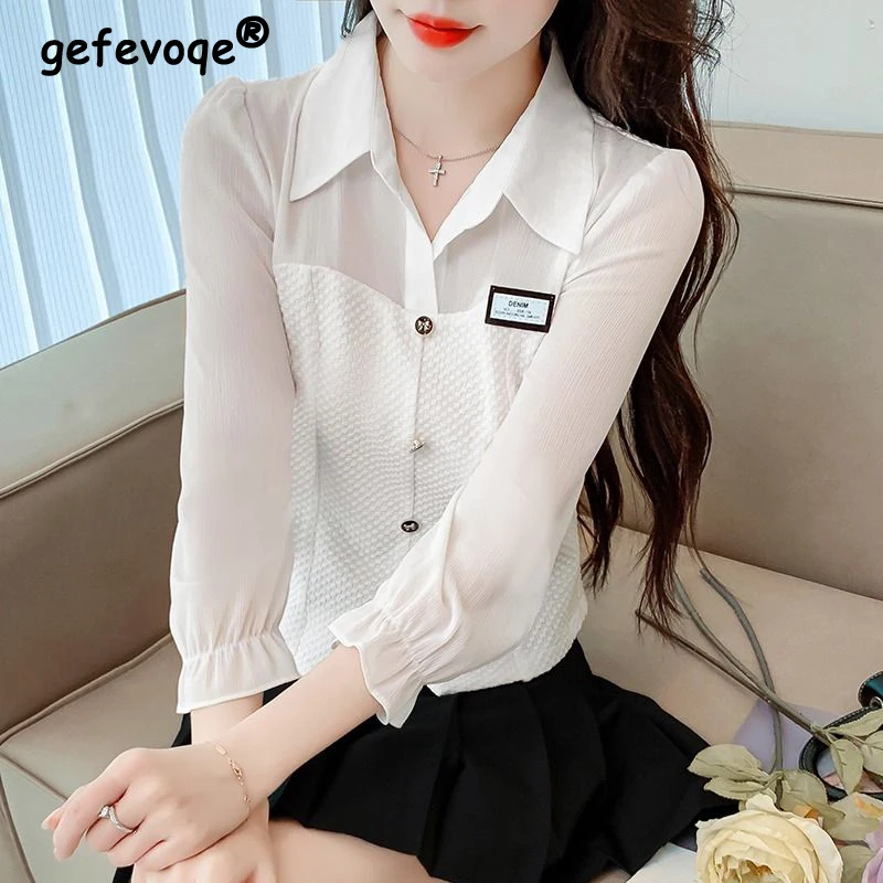 2024 Spring Women Fashion Appliques with Button Shirts Office Lady Elegant Lapel Slim Blouse Casual Solid Long Sleeve Chic Tops