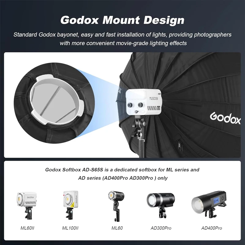 고독스 마운트 AD-S60S/S65S AD-S65W 65CM AD-S85S AD-S85W 실버 딥 파라볼릭 소프트박스 및 그리드 (AD400PRO용)