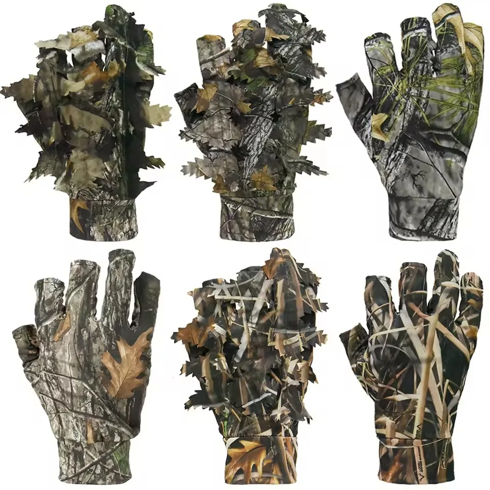 Camouflage Hunting Gloves 3D Leafy Camo Ghillie Gloves Non-Slip Fingerless Bionic for Outdoor Hunting Fishing Photography