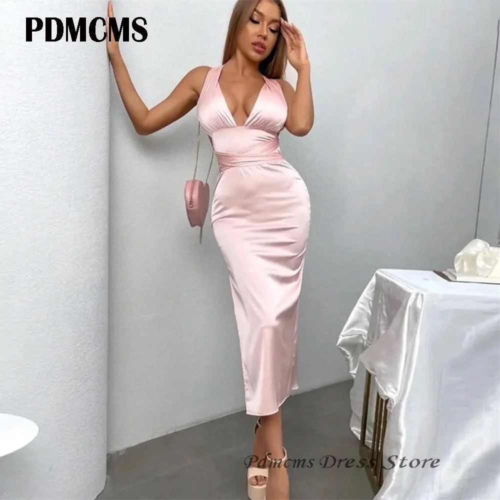 

Пикантное розовое вечернее платье PDMCMS с глубоким V-образным вырезом, платье-Русалка с поясом для выпускного вечера, платья длиной ниже колена с бантом и открытой спиной