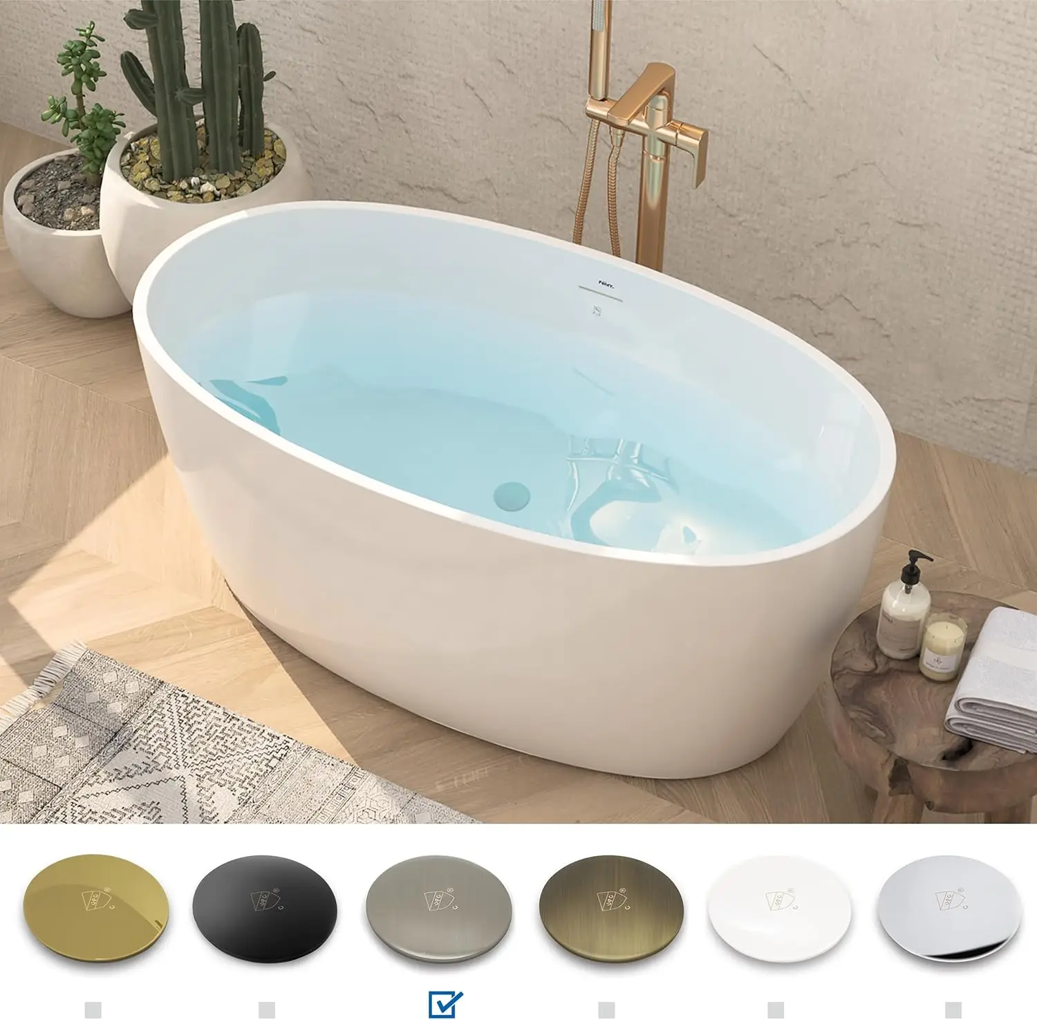 55" Freestanding Bathtub Elegant Oval Shape Soaking Bathtub Glossy White Brushed Nickel Drain Integrated Slotted Overflow 3