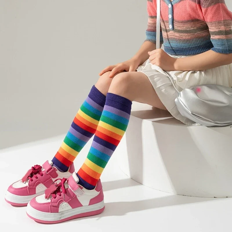 1 Spring Autumn Children's Long Stockings Rainbow Stripped Teen Girls Christmas Cosplay Party Socks Kids Girls Knee High Socks cotton knee socks,knee length socks